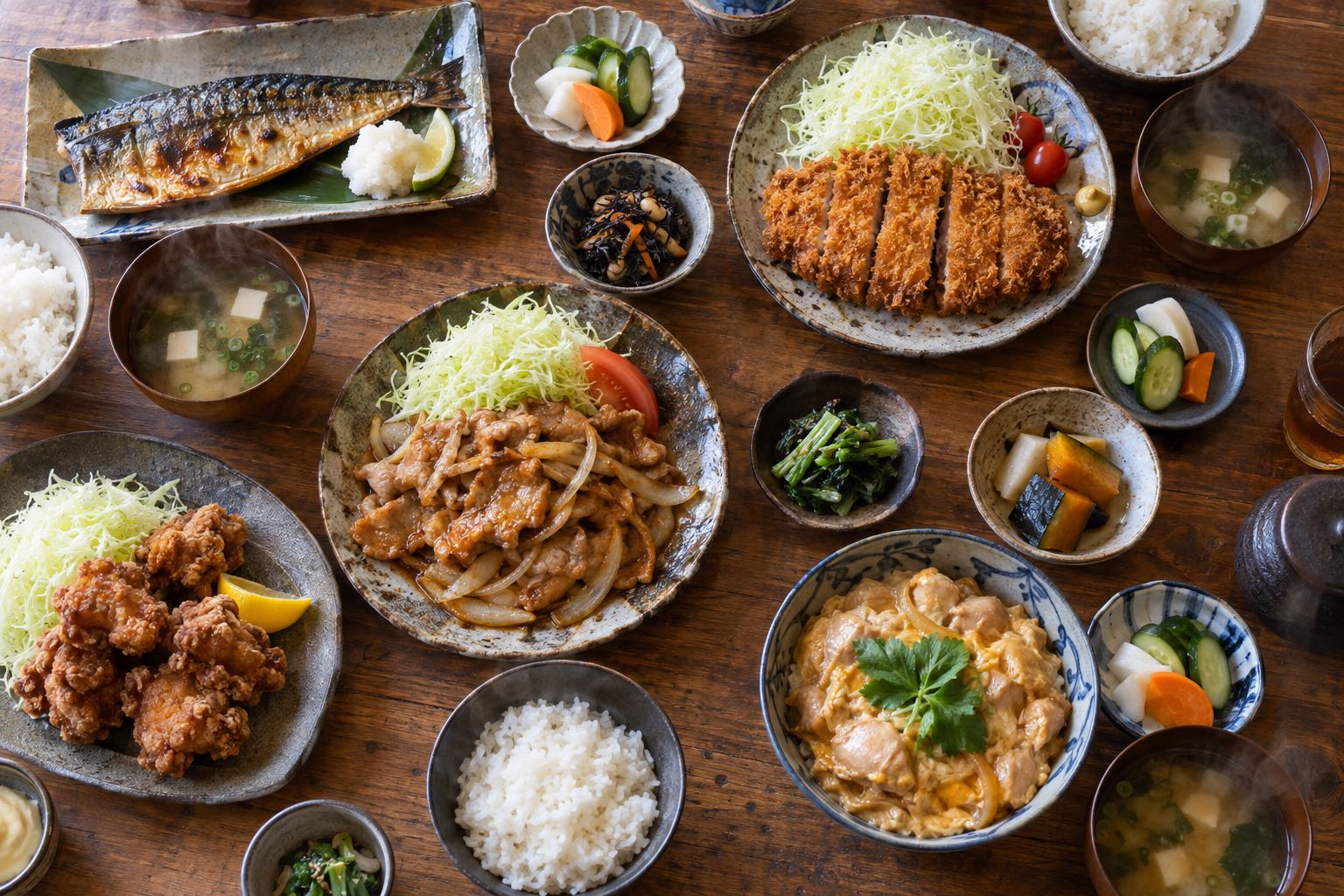 焼き魚・とんかつ・生姜焼き・唐揚げ・親子丼などの定食が並ぶ食卓